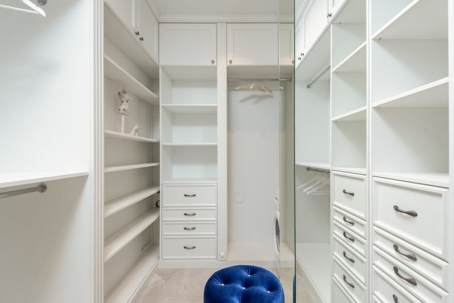 white classic styled built-in wardrobe with empty shelves